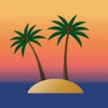 Palm trees with coconuts on island with sunset background in ocean or sea. Colorful tropical landscape. Vector illustration. Royalty Free Stock Photo
